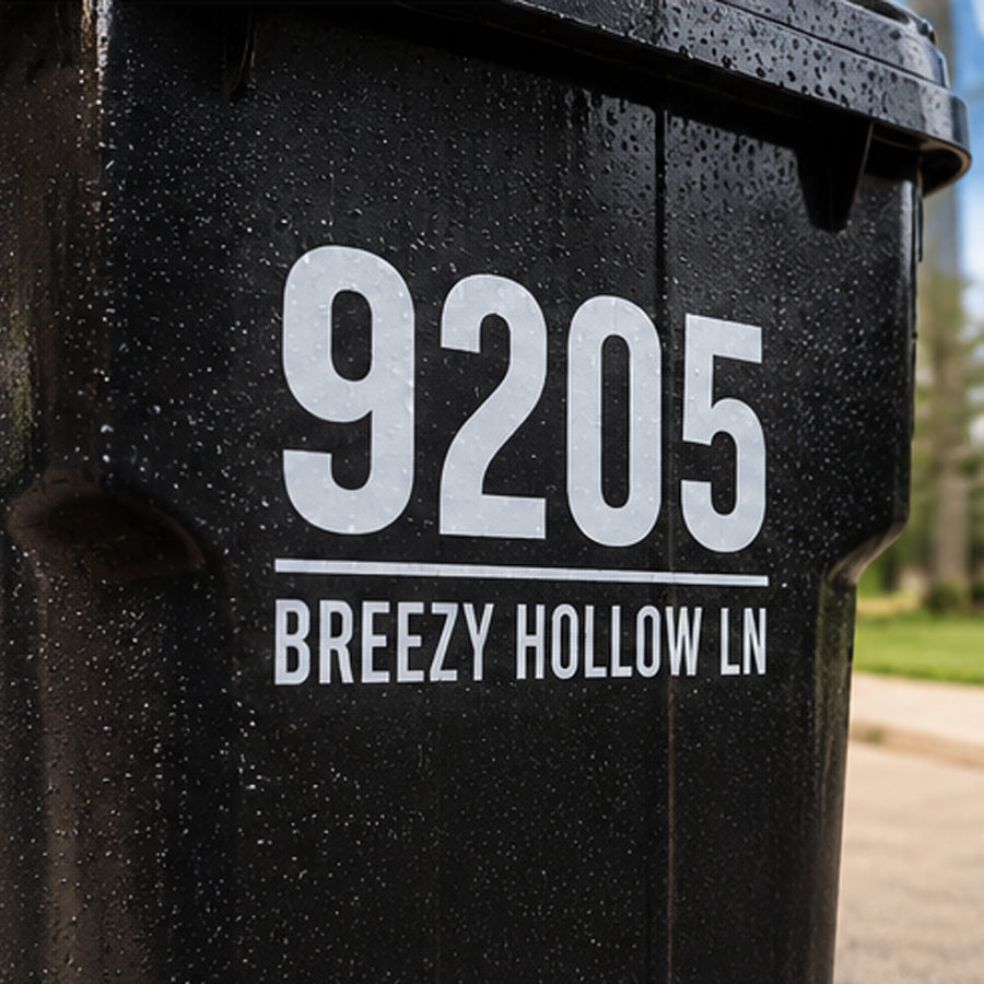 White 9205 Breezy Hollow Lane decal on a rain-covered black bin